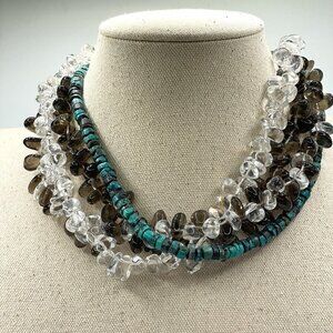 Smoky and Clear Quartz Droplet Turquoise Bead Hand Crafted Multi-Strand Necklace
